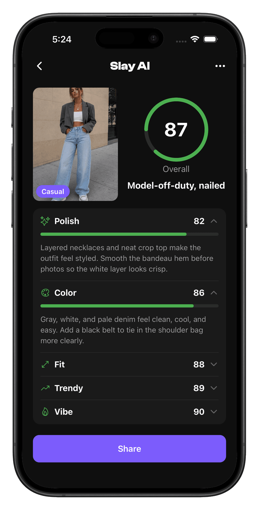 Outfit score breakdown showing 87 overall